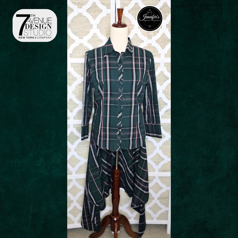 7th Avenue NY & Co. Green Plaid Long Sleeve Hi-Low Shirt Dress Size M